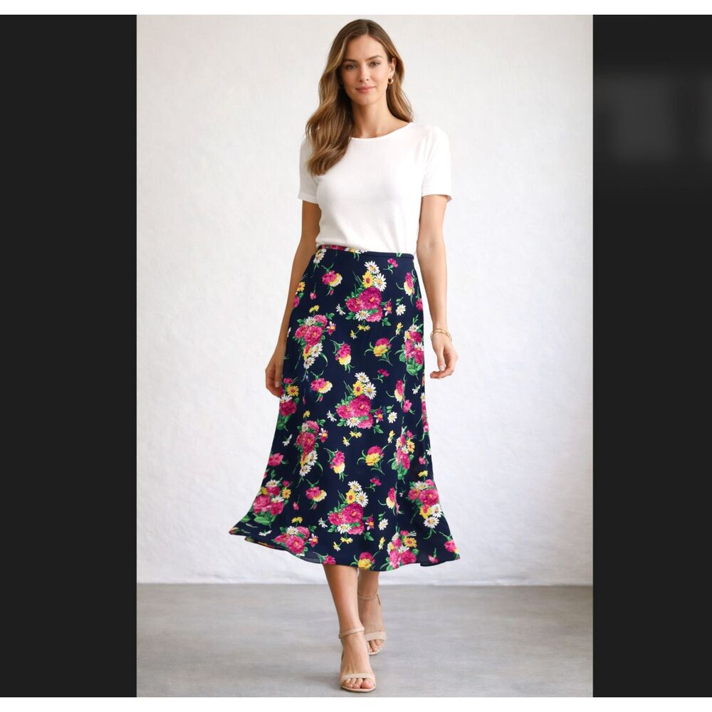 VTG Lauren Ralph Lauren Silk Midi Skirt 12P Floral Navy Lined Flowy Spring Boho
